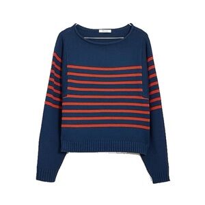 Madewell rolled neck crew sweater in stripe- navy and red, small, 100% cotton